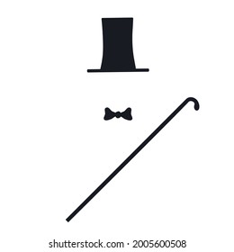 Gentleman aristocratic set Hat bow tie logo icon sign Walking stick symbol Hand drawn Vintage old design Doodle children's style Print clothes apparel greeting invitation card cover poster banner ad