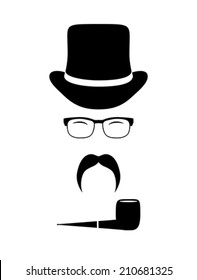 Gentleman attributes (hats, eyeglasses, mustache, pipe). Vintage design elements set. Hipster fashion. Man style. Vector illustration. 
