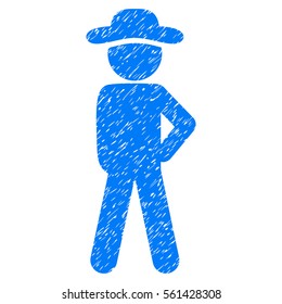 Gentleman Audacity grainy textured icon for overlay watermark stamps. Flat symbol with dust texture. Dotted vector blue ink rubber seal stamp with grunge design on a white background.