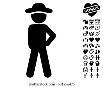 Gentleman Audacity pictograph with bonus love icon set. Vector illustration style is flat iconic black symbols on white background.