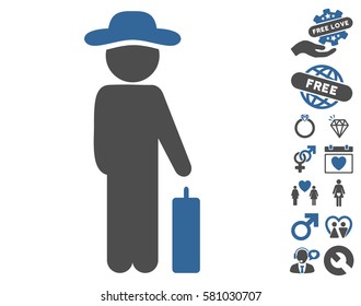 Gentleman Baggage pictograph with bonus love symbols. Vector illustration style is flat iconic cobalt and gray symbols on white background.