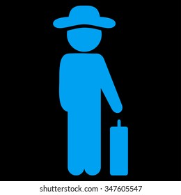 Gentleman Baggage vector icon. Style is flat symbol, blue color, rounded angles, black background.