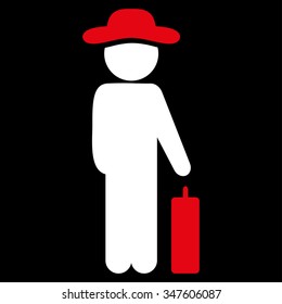 Gentleman Baggage vector icon. Style is bicolor flat symbol, red and white colors, rounded angles, black background.