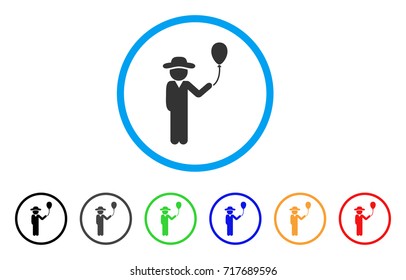 Gentleman With Balloon rounded icon. Style is a flat gentleman with balloon gray symbol inside light blue circle with black, gray, green, blue, red, orange color versions.