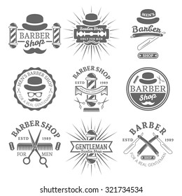 Gentleman barber shop set of vector vintage monochrome labels, badges, emblems isolated on white background