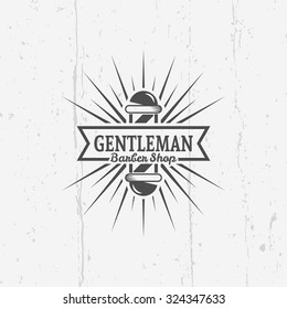 Gentleman barber shop vector vintage label, badge, or emblem on gray background with grunge texture
