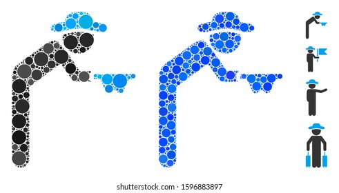 Gentleman beggar composition of filled circles in variable sizes and color tinges, based on gentleman beggar icon. Vector small circles are grouped into blue composition.