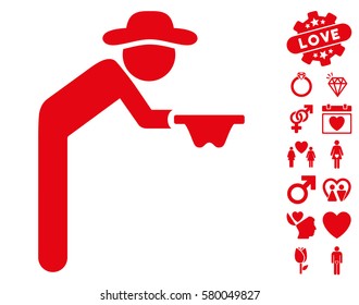 Gentleman Beggar pictograph with bonus passion pictures. Vector illustration style is flat iconic red symbols on white background.