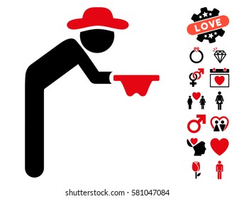 Gentleman Beggar pictograph with bonus passion graphic icons. Vector illustration style is flat iconic intensive red and black symbols on white background.