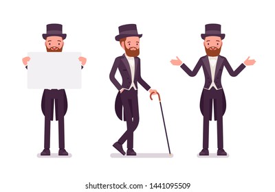 Caballero con chaqueta de esmoquin negro. Hombre de alto rango social, dandy de moda en traje clásico, sombrero de cilindro con papel publicitario. Dibujo de dibujos animados de estilo plano vectorial aislado en fondo blanco