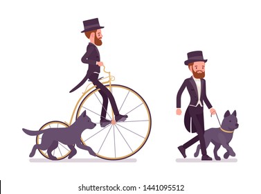 Gentleman in black tuxedo jacket on recreation walk with dog. High social rank man, fashionable dandy riding penny farthing bicycle. Vector flat style cartoon illustration isolated on white background