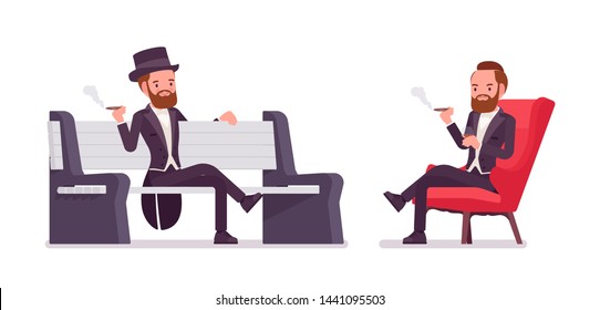 Gentleman in black tuxedo jacket sitting. High social rank man, fashionable dandy in classic suit, cylinder hat in club, park bench. Vector flat style cartoon illustration isolated on white background