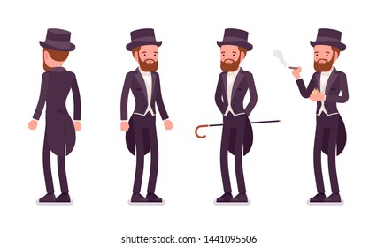 Gentleman in black tuxedo jacket with tails standing. High social rank man, fashionable dandy in classic suit and cylinder hat. Vector flat style cartoon illustration, white background, different view