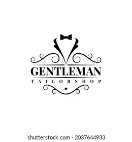 gentleman Bow tie tuxedo suit fashion tailor clothes vintage classic logo design vector