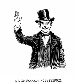 Gentleman in bowler hat and coat raises his right hand in warning. Vintage engraving style. Victorian Era vector illustration