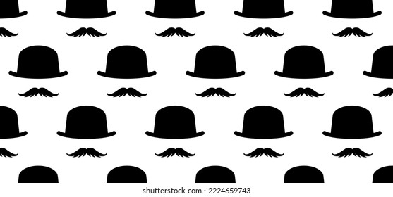 Gentleman and bowtie. Hat and hipster moustache. Intermediary or unrecognizable person. Cartoon mafia, detective or spy with old classic hat. Man face, barber, mustache or beard. Bowler hat. Bow tie.