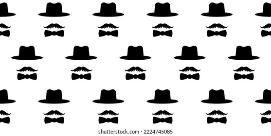 Gentleman and bowtie. Hat and hipster moustache. Intermediary or unrecognizable person. Cartoon mafia, detective or spy with old classic hat. Man face, barber, mustache or beard. Bowler hat. Bow tie.