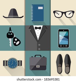 Gentleman business suit web design elements with watches hat glasses shoes and mobile phone folders vector illustration