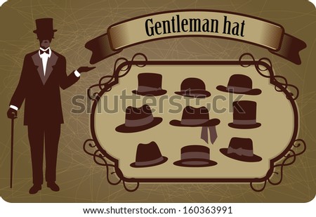 gentleman with a cane offers a set of different types of hats, shows up on them,  hats are located on a beautiful shape with a pattern