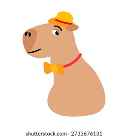 Gentleman capybara in small straw hat and bow ties on neck. Guy swamp guinea pig rodent. Tropical swamp animal mammal. Flat cartoon vector isolated on white background