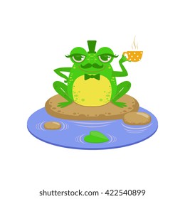 Gentleman Cartoon Frog Character Flat Bright Color Vector Sticker Isolated On White Background In Simple Childish Style