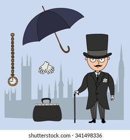 Gentleman.Set of cartoon objects that are symbols of London.