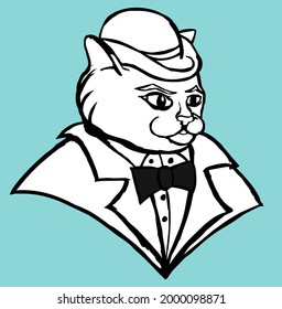 Gentleman cat in business suit with bowler hat and bow tie. Hand drawn black and white vector illustration.