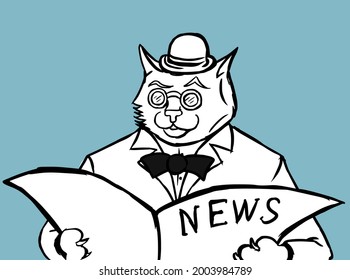 Gentleman cat in business suit with bowler hat, bow tie, and eyeglasses reading a newspaper. Hand drawn black and white vector illustration. 