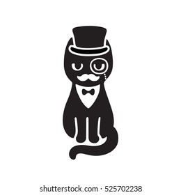 Gentleman cat with top hat and monocle. Funny cartoon vector drawing. Black and white cat with moustache wearing tuxedo and bow tie.