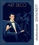 Gentleman in a chair in a suit in the style of the early 20th century. Invitation card for a retro party. Handmade drawing vector illustration. Art Deco style.
