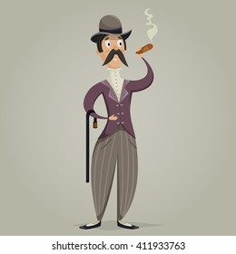 Gentleman with cigar and stick. Funny cartoon character. Vector illustration in retro style