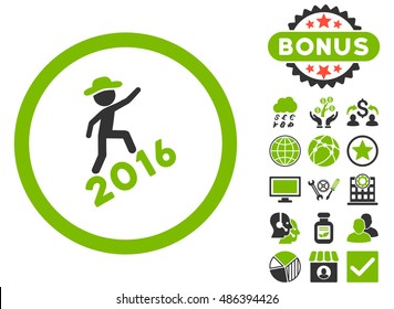Gentleman Climbing 2016 icon with bonus design elements. Vector illustration style is flat iconic bicolor symbols, eco green and gray colors, white background.