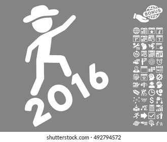 Gentleman Climbing 2016 icon with bonus calendar and time management pictogram. Vector illustration style is flat iconic symbols, white color, gray background.