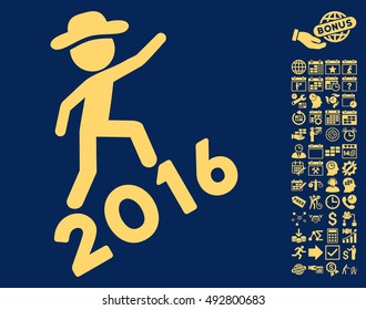 Gentleman Climbing 2016 icon with bonus calendar and time management pictures. Vector illustration style is flat iconic symbols, yellow color, blue background.