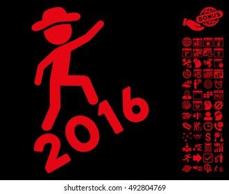 Gentleman Climbing 2016 pictograph with bonus calendar and time management graphic icons. Vector illustration style is flat iconic symbols, red color, black background.