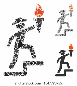 Gentleman climbing with torch composition of irregular pieces in different sizes and color tints, based on gentleman climbing with torch icon. Vector tuberous pieces are united into collage.
