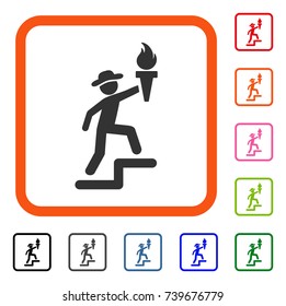 Gentleman Climbing With Torch icon. Flat gray pictogram symbol inside an orange rounded square. Black, gray, green, blue, red, orange color additional versions of Gentleman Climbing With Torch vector.