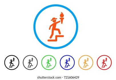 Gentleman Climbing With Torch rounded icon. Style is a flat gentleman climbing with torch orange symbol inside light blue circle with black, gray, green, blue, red, orange color versions.