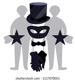 Gentleman clothes,accessories set.Modern flat cartoon vector illustration icons on white.Silhouette of man with hat and stick:mask,hat,gloves,bow tie,stars. Silhouette of man with hat and stick. Man