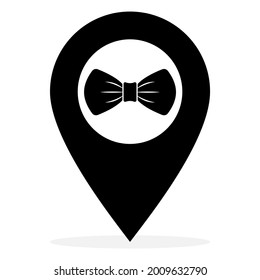 Gentleman club location pin symbol. Bow tie icon on map location marker sign. Vector illustration isolated on white background.