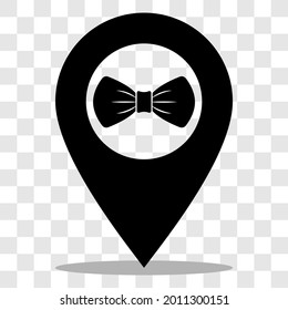 Gentleman club location pin symbol. Bow tie icon on map location marker sign. Vector illustration isolated on white background.