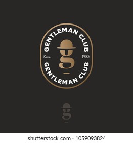 Gentleman club logo. Gold letter g in a hat-bowler. Male club emblem. Barbershop or beer pub.