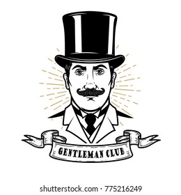 Gentleman club. Man head in vintage hat. Design element for logo, label, emblem, sign, poster, label. Vector illustration