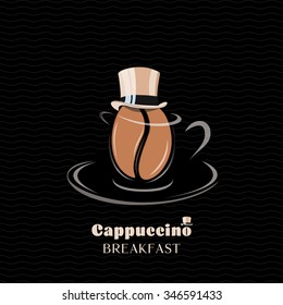 Gentleman coffee bean Cappuccino Breakfast with a top hat vector illustration. Perfect cafe poster. Stylish coffee cup with coffee bean. 