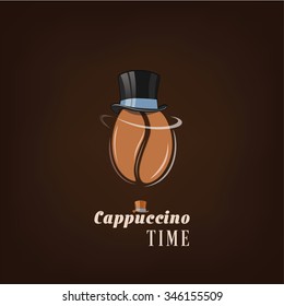 Gentleman coffee bean Cappuccino Time with a black top hat vector illustration. Cool cafe poster.