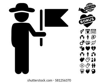 Gentleman Commander pictograph with bonus love icon set. Vector illustration style is flat iconic black symbols on white background.