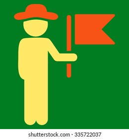 Gentleman Commander vector icon. Style is bicolor flat symbol, orange and yellow colors, rounded angles, green background.