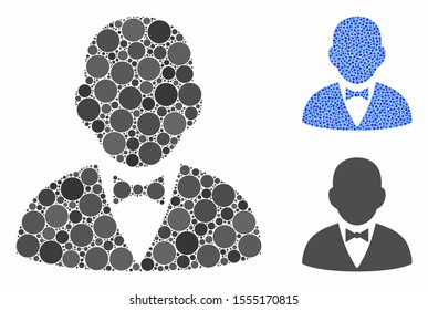 Gentleman composition of round dots in various sizes and color tints, based on gentleman icon. Vector round elements are composed into blue illustration.