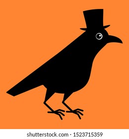 Gentleman crow, blackbird with top hat. Cute raven illustration on orange blackground.