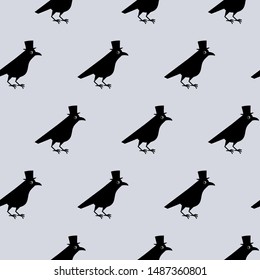 Gentleman crow seamless pattern, blackbird with top hat. Cute raven illustration on gray blackground.
